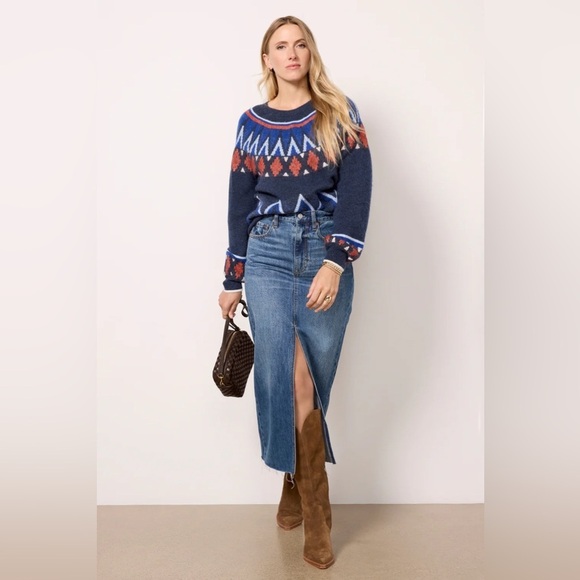 SUNDRY WOMEN'S FAIRISLE CREW NECK SWEATER IN DEEP NAVY S, M - Picture 11 of 13